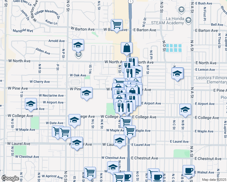 map of restaurants, bars, coffee shops, grocery stores, and more near 240 West Pine Avenue in Lompoc