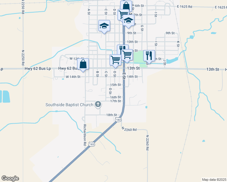 map of restaurants, bars, coffee shops, grocery stores, and more near 204 Cherry Lane in Snyder