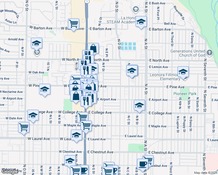 map of restaurants, bars, coffee shops, grocery stores, and more near 320 East Pine Avenue in Lompoc
