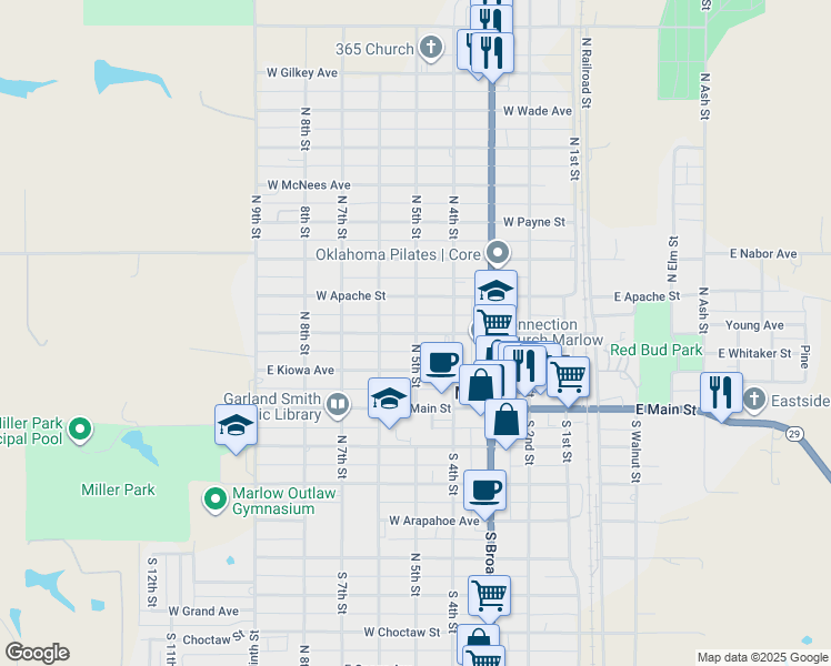 map of restaurants, bars, coffee shops, grocery stores, and more near 301 North 5 Th Street in Marlow