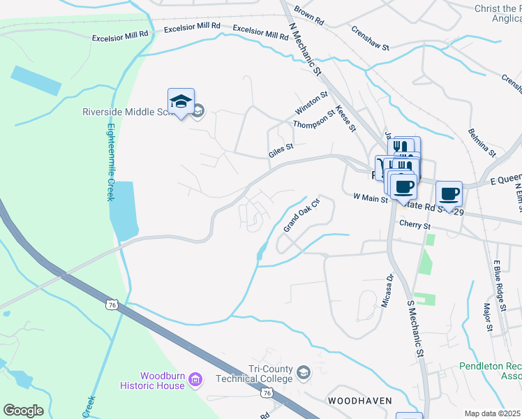 map of restaurants, bars, coffee shops, grocery stores, and more near 162 Heritage Place Drive in Pendleton