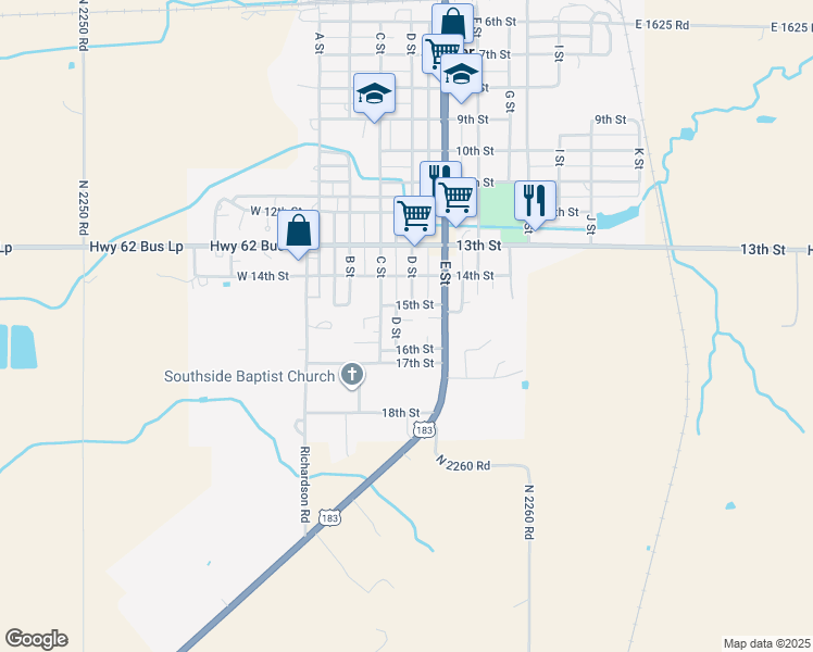 map of restaurants, bars, coffee shops, grocery stores, and more near 204 Cherry Lane in Snyder