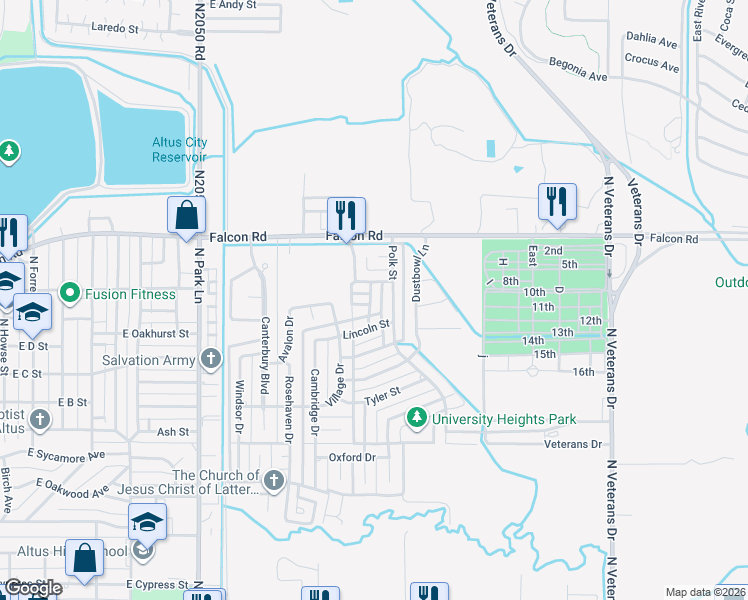 map of restaurants, bars, coffee shops, grocery stores, and more near 1300 Jefferson Street in Altus