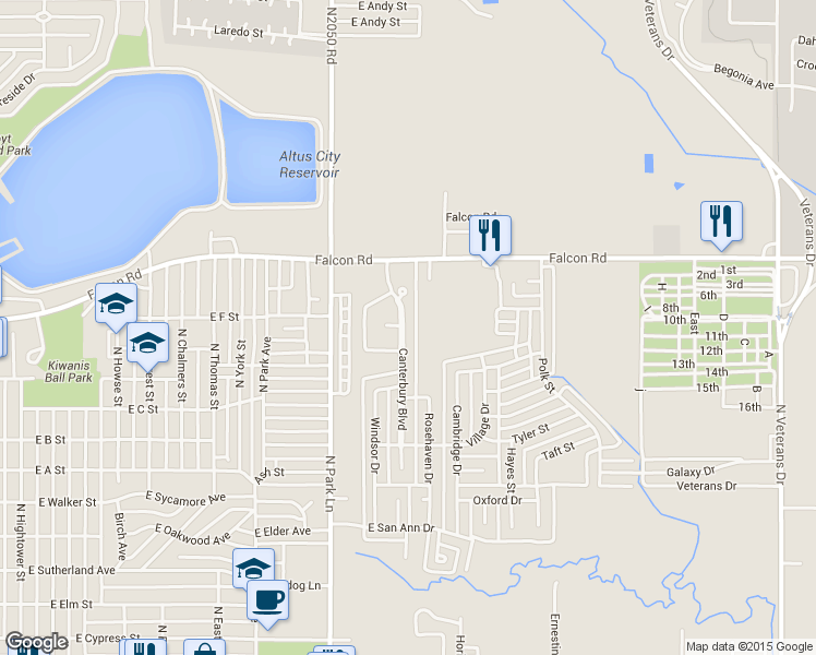 map of restaurants, bars, coffee shops, grocery stores, and more near 1212 Canterbury Blvd in Altus