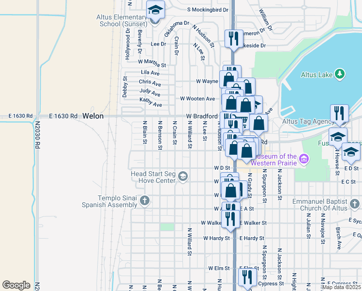 map of restaurants, bars, coffee shops, grocery stores, and more near 1210 North Crain Street in Altus