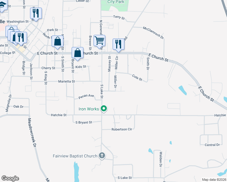 map of restaurants, bars, coffee shops, grocery stores, and more near East Lake Street in Booneville