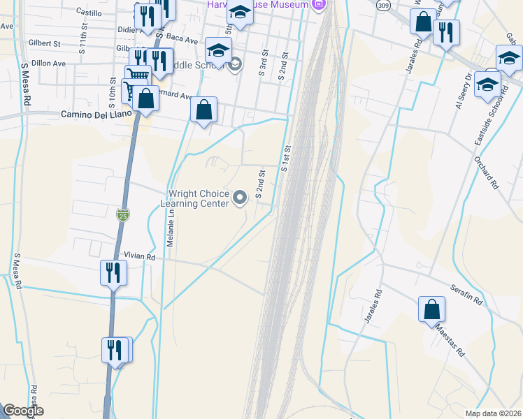 map of restaurants, bars, coffee shops, grocery stores, and more near 600 S 2nd St in Belen