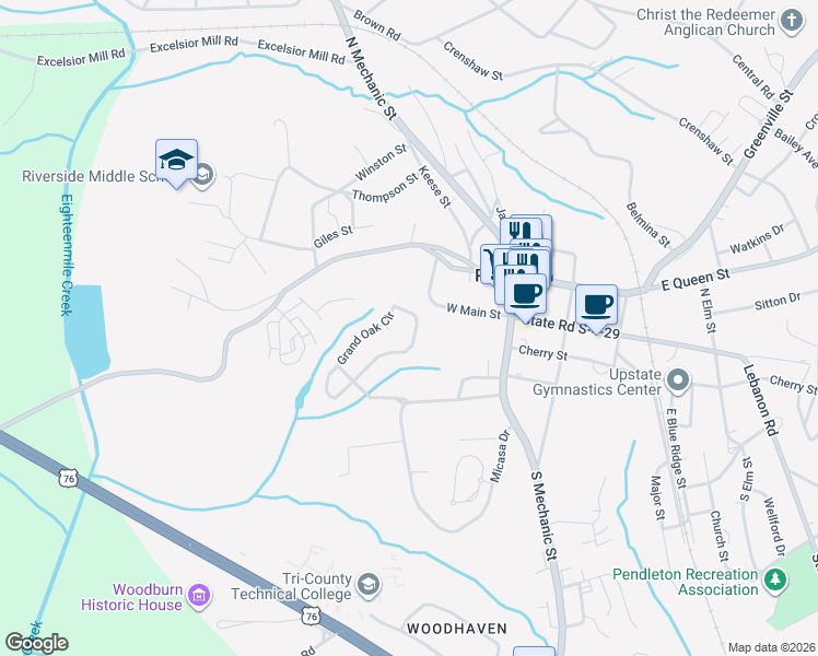 map of restaurants, bars, coffee shops, grocery stores, and more near 131 Grand Oak Circle in Pendleton