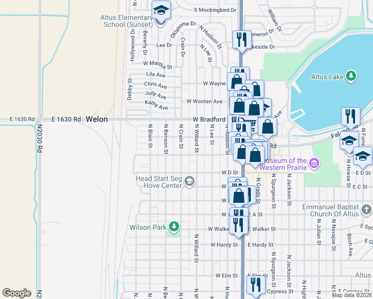 map of restaurants, bars, coffee shops, grocery stores, and more near 1210 North Crain Street in Altus