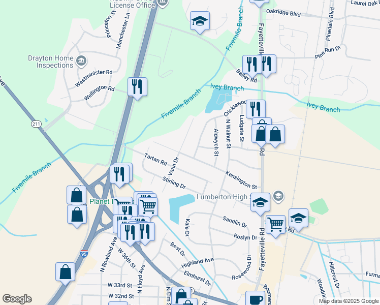 map of restaurants, bars, coffee shops, grocery stores, and more near 4100 Cricklewood Street in Lumberton