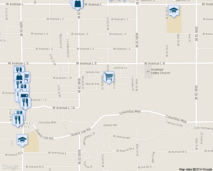 map of restaurants, bars, coffee shops, grocery stores, and more near 42229 42nd Street West in Lancaster