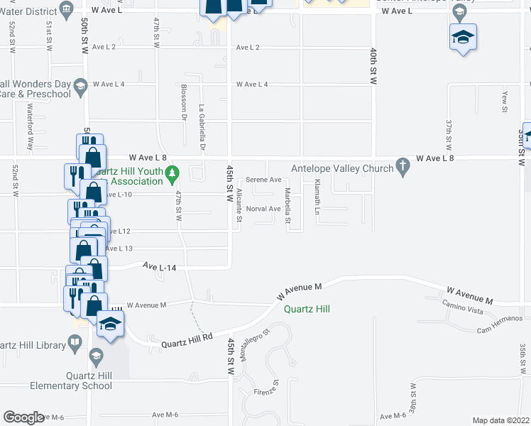 map of restaurants, bars, coffee shops, grocery stores, and more near 4310 Norval Avenue in Quartz Hill