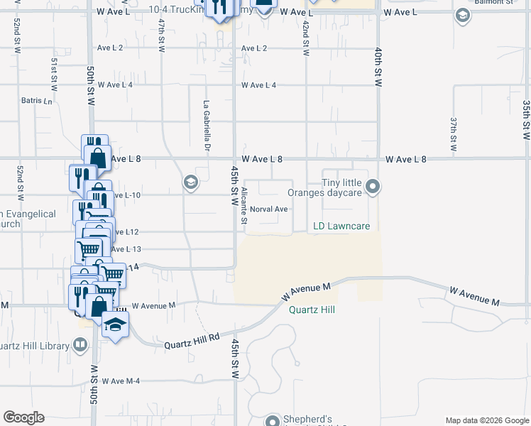 map of restaurants, bars, coffee shops, grocery stores, and more near 4316 Norval Avenue in Quartz Hill