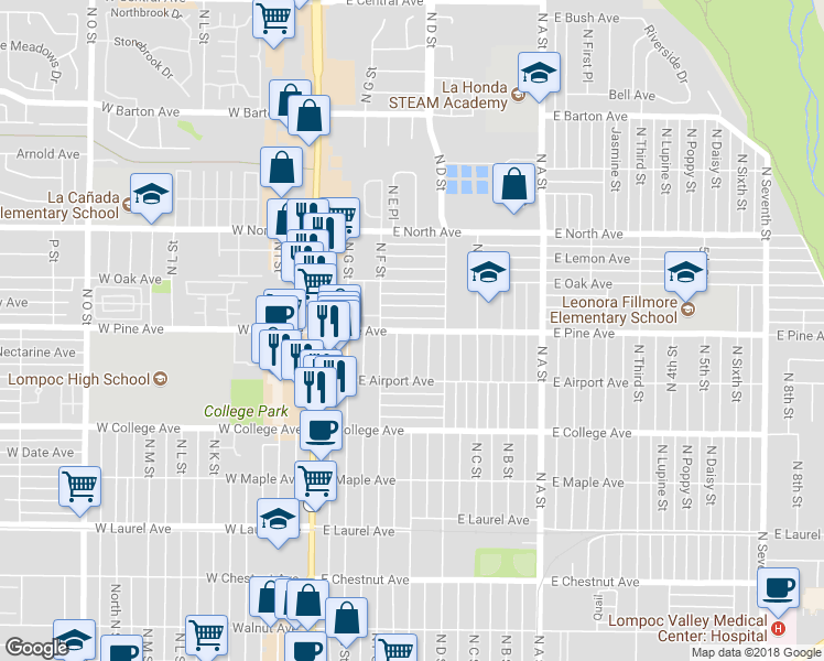 map of restaurants, bars, coffee shops, grocery stores, and more near 399 East Pine Avenue in Lompoc