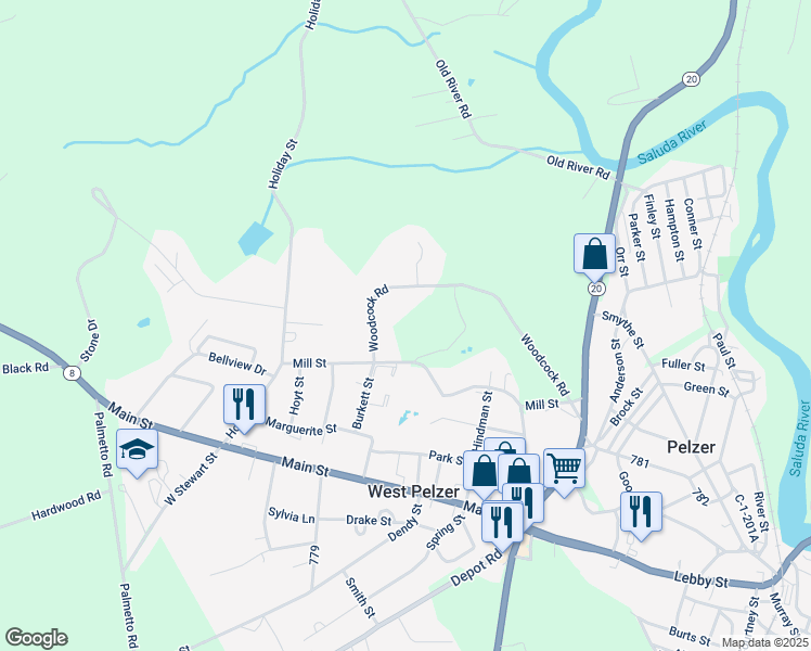 map of restaurants, bars, coffee shops, grocery stores, and more near 196 Mill Street in Pelzer