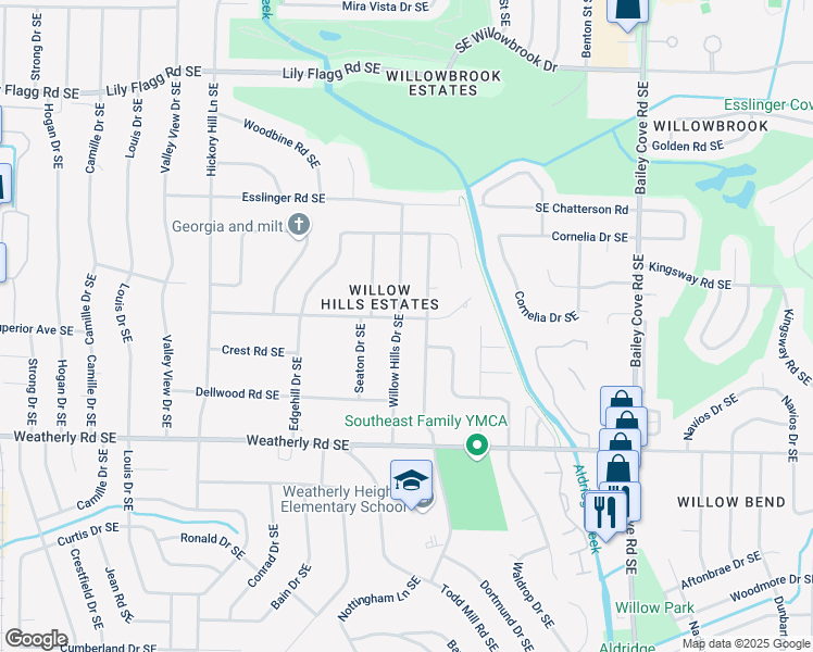 map of restaurants, bars, coffee shops, grocery stores, and more near 8901 Willow Hills Drive Southeast in Huntsville
