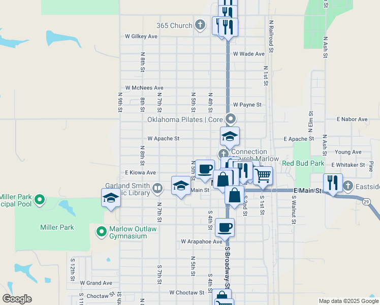 map of restaurants, bars, coffee shops, grocery stores, and more near 301 North 5 Th Street in Marlow