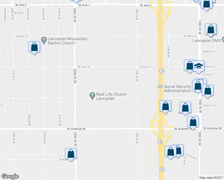 map of restaurants, bars, coffee shops, grocery stores, and more near 1641 West Avenue L12 in Lancaster