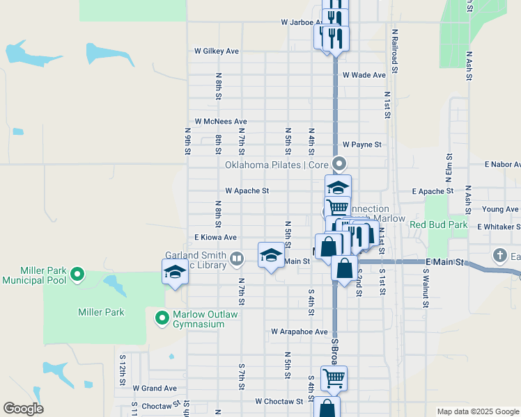 map of restaurants, bars, coffee shops, grocery stores, and more near 514 West Comanche Street in Marlow