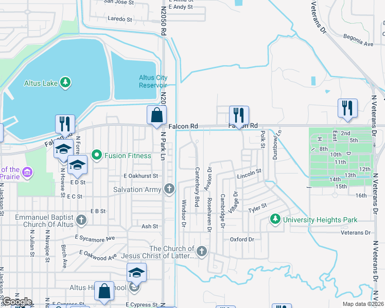 map of restaurants, bars, coffee shops, grocery stores, and more near 1212 Canterbury Boulevard in Altus