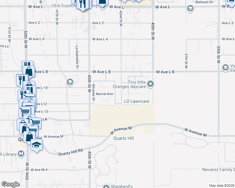 map of restaurants, bars, coffee shops, grocery stores, and more near 42234 Marbella Street in Quartz Hill