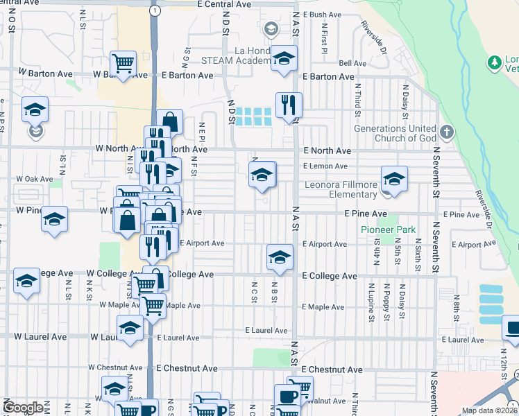 map of restaurants, bars, coffee shops, grocery stores, and more near 601 East Pine Avenue in Lompoc