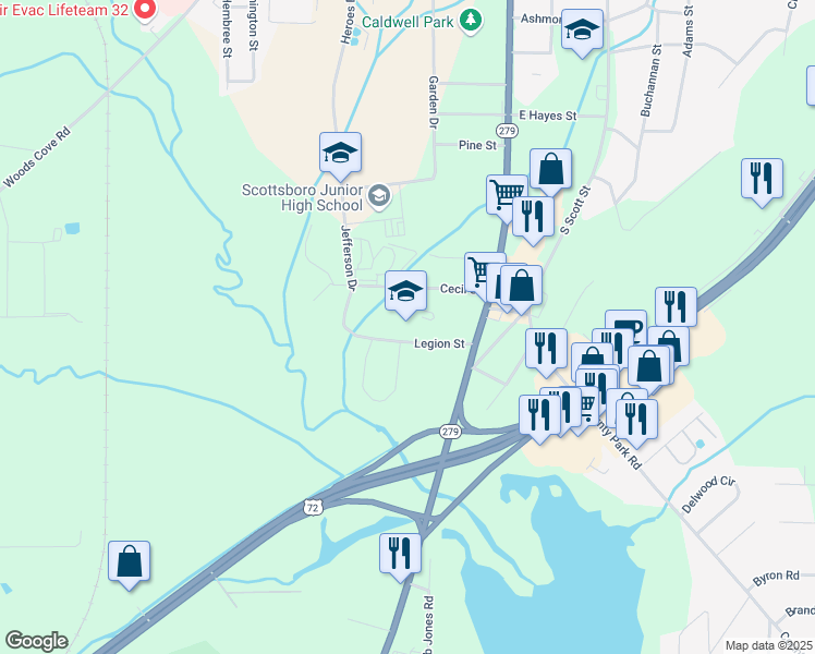 map of restaurants, bars, coffee shops, grocery stores, and more near 102 Legion Street in Scottsboro