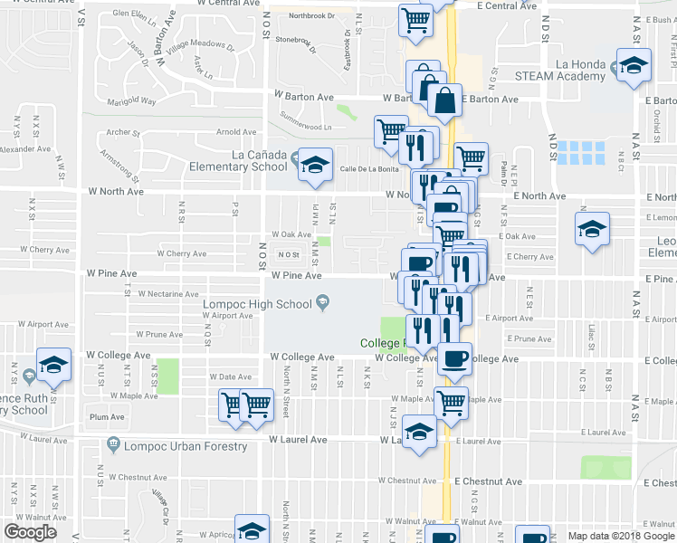 map of restaurants, bars, coffee shops, grocery stores, and more near 800 North L Street in Lompoc