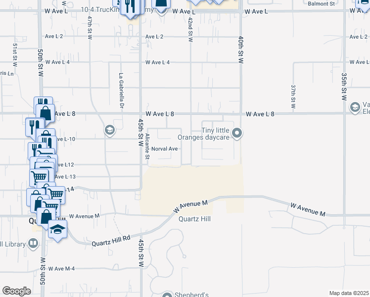map of restaurants, bars, coffee shops, grocery stores, and more near 42234 Marbella Street in Quartz Hill