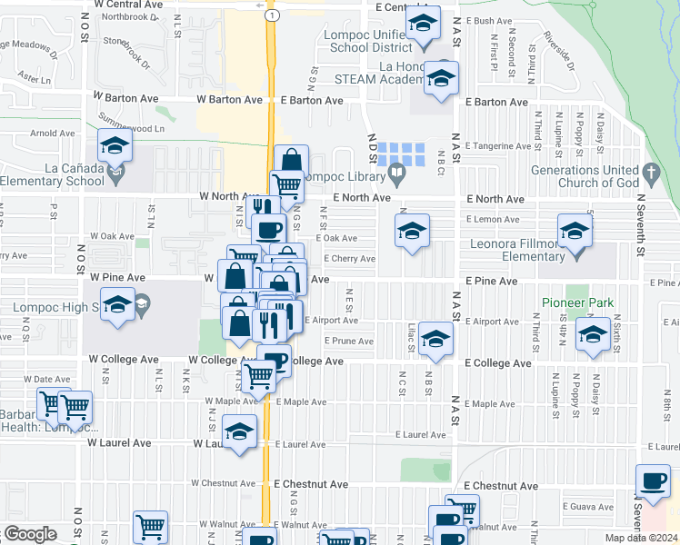 map of restaurants, bars, coffee shops, grocery stores, and more near 313 East Pine Avenue in Lompoc