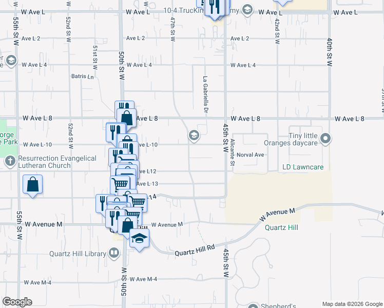map of restaurants, bars, coffee shops, grocery stores, and more near 42240 47th Street West in Quartz Hill