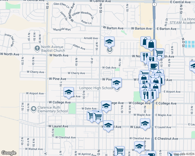map of restaurants, bars, coffee shops, grocery stores, and more near in Lompoc