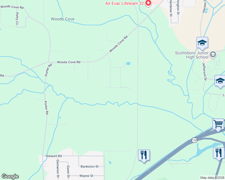 map of restaurants, bars, coffee shops, grocery stores, and more near 227 Rose Drive in Scottsboro