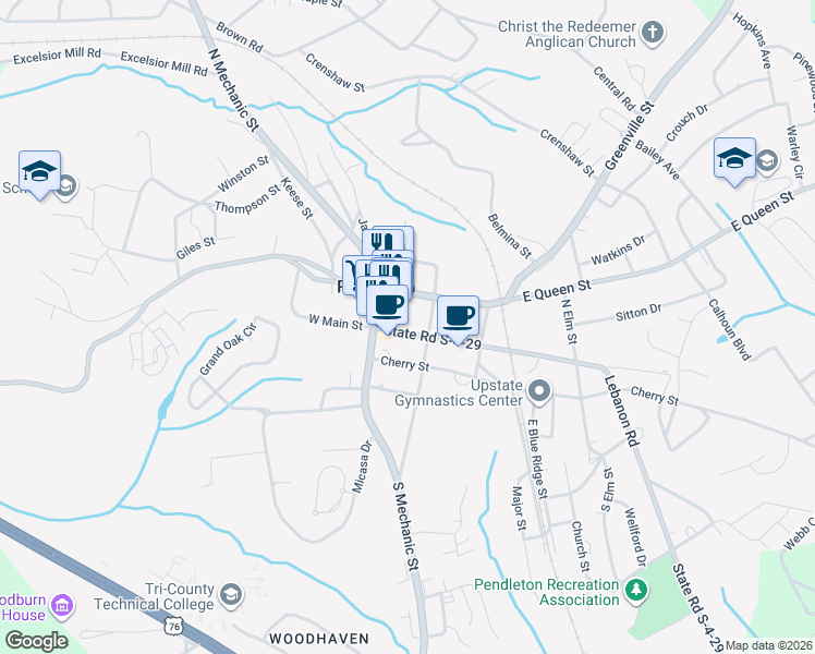 map of restaurants, bars, coffee shops, grocery stores, and more near 198 East Main Street in Pendleton