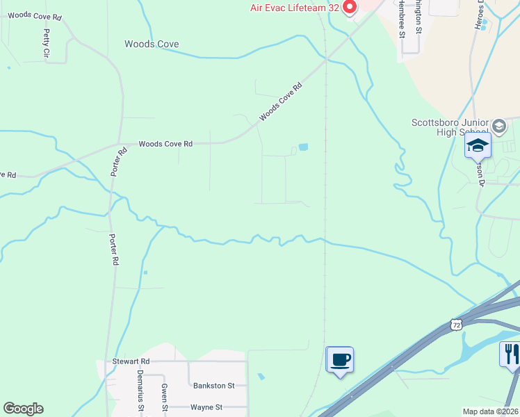 map of restaurants, bars, coffee shops, grocery stores, and more near 227 Rose Drive in Scottsboro