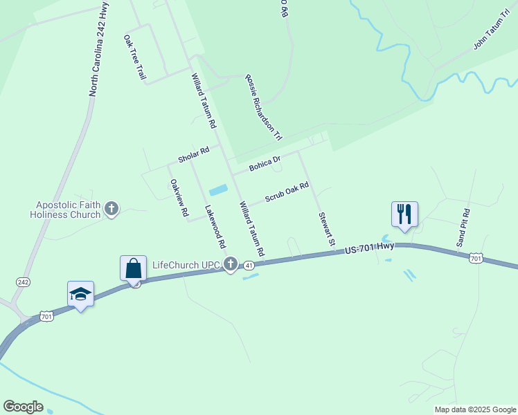 map of restaurants, bars, coffee shops, grocery stores, and more near Scrub Oak Road in Bladen County