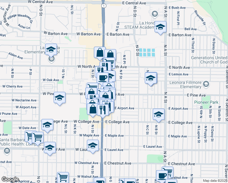 map of restaurants, bars, coffee shops, grocery stores, and more near 736 North G Street in Lompoc