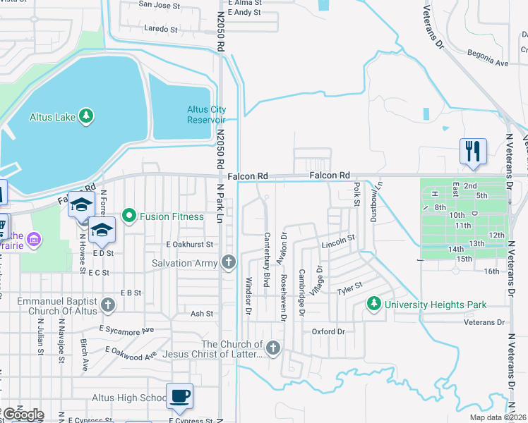 map of restaurants, bars, coffee shops, grocery stores, and more near 1212 Canterbury Boulevard in Altus