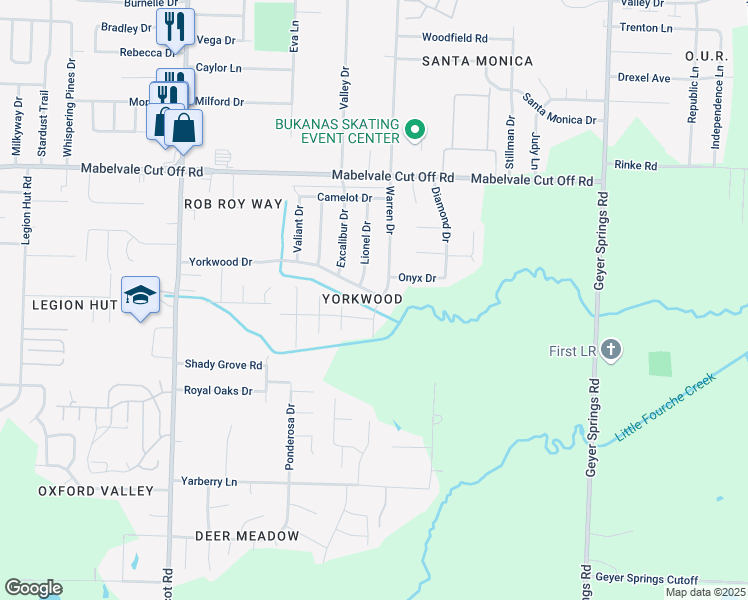 map of restaurants, bars, coffee shops, grocery stores, and more near 6817 Yorkwood Drive in Little Rock