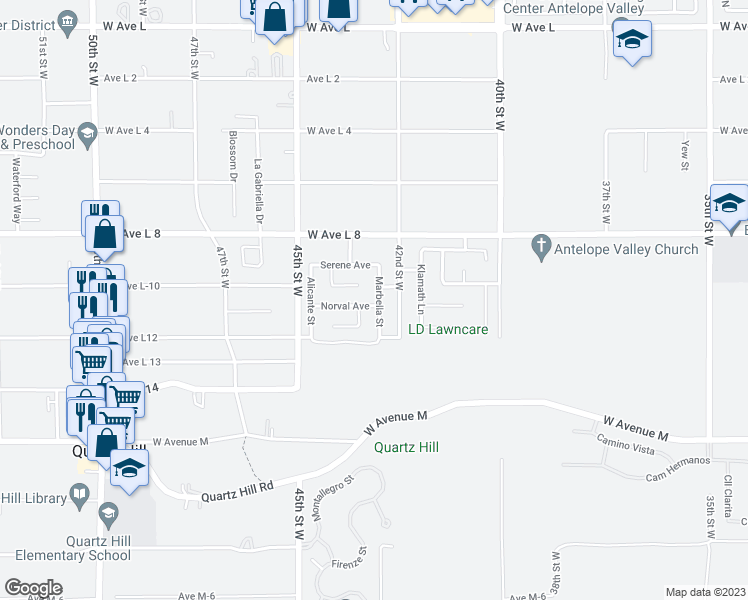 map of restaurants, bars, coffee shops, grocery stores, and more near 4203 Norval Avenue in Quartz Hill