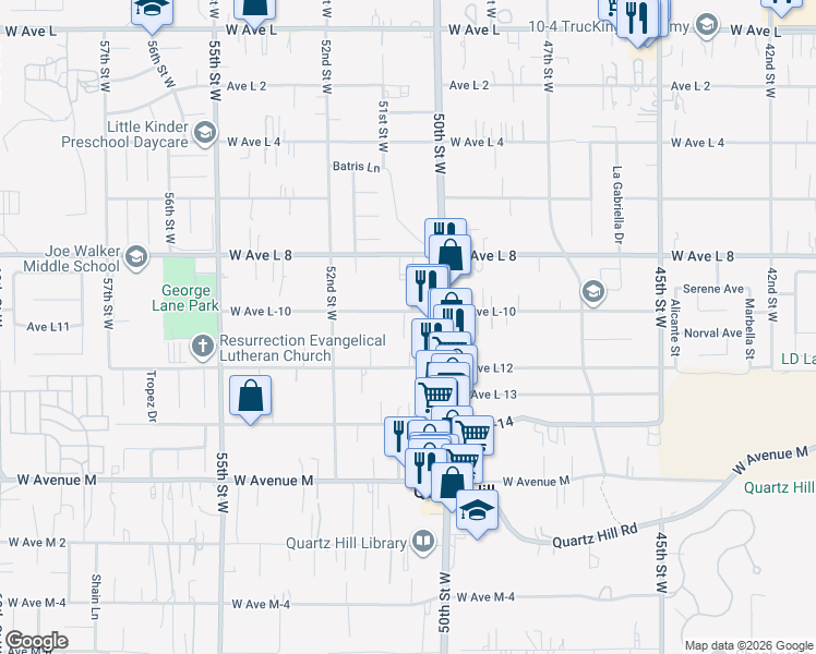 map of restaurants, bars, coffee shops, grocery stores, and more near 5038 West Avenue L-10 in Quartz Hill