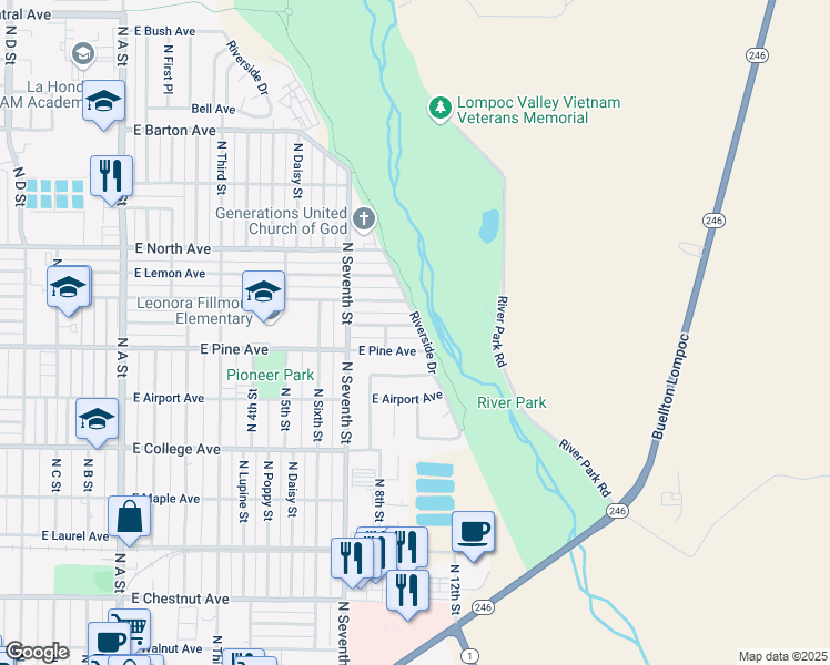 map of restaurants, bars, coffee shops, grocery stores, and more near 1620 East Cherry Avenue in Lompoc