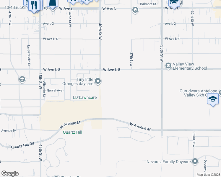map of restaurants, bars, coffee shops, grocery stores, and more near 40th Street West in Lancaster