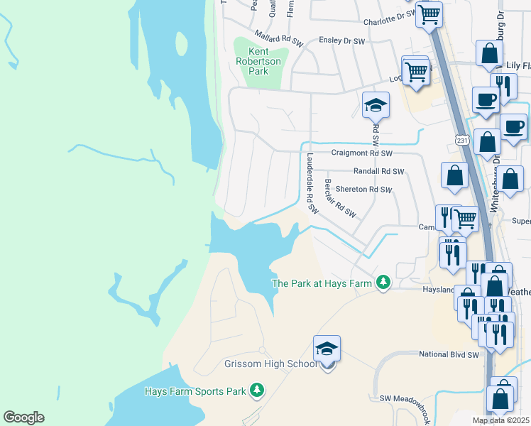 map of restaurants, bars, coffee shops, grocery stores, and more near 7521 Amanda Circle in Huntsville