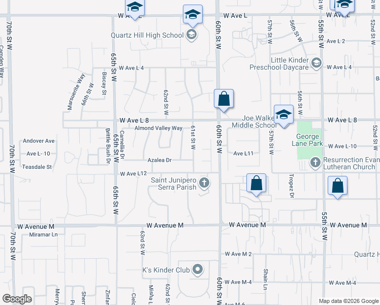 map of restaurants, bars, coffee shops, grocery stores, and more near 42315 61st Street West in Quartz Hill
