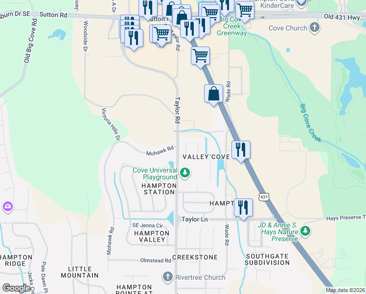 map of restaurants, bars, coffee shops, grocery stores, and more near 5000 Southeast Valley Cove Drive in Owens Cross Roads