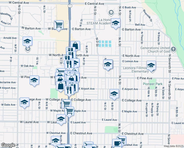 map of restaurants, bars, coffee shops, grocery stores, and more near 737 North D Street in Lompoc