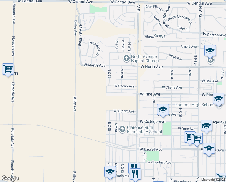 map of restaurants, bars, coffee shops, grocery stores, and more near 1621 West Pine Avenue in Lompoc