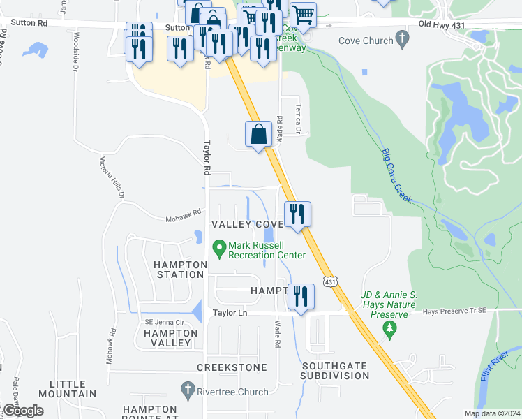map of restaurants, bars, coffee shops, grocery stores, and more near 5023 Southeast Valley Cove Drive in Owens Cross Roads