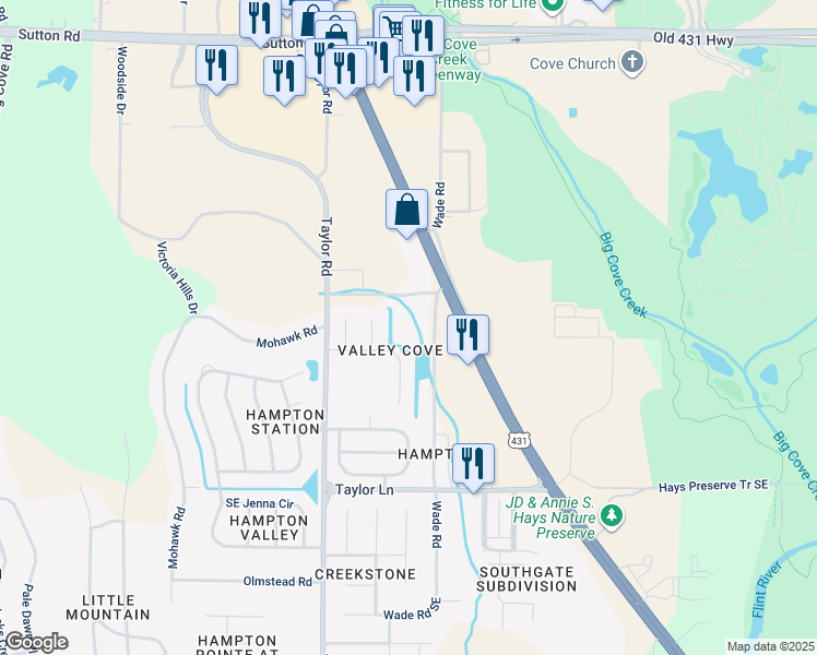 map of restaurants, bars, coffee shops, grocery stores, and more near 5023 Southeast Valley Cove Drive in Owens Cross Roads